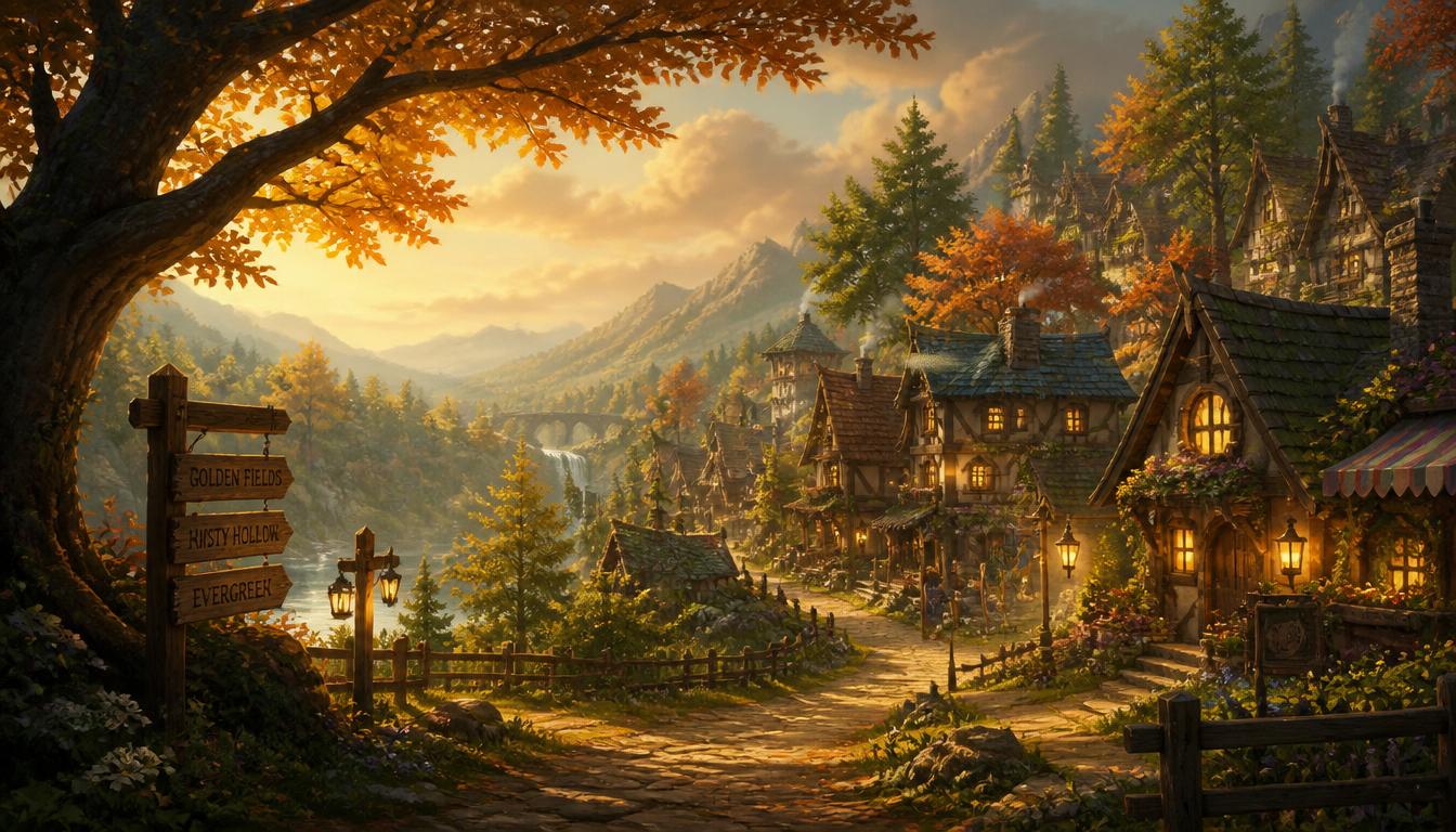 Thistlebrook poster: a handcrafted hillside village glowing at golden hour